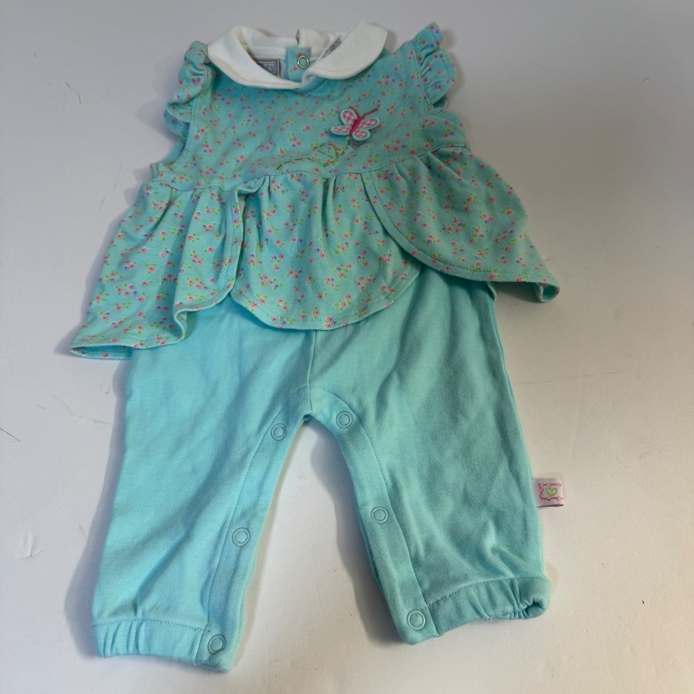 90s McBaby Soothing Teal Floral Butterfly Peplum Romper 0-3 Months